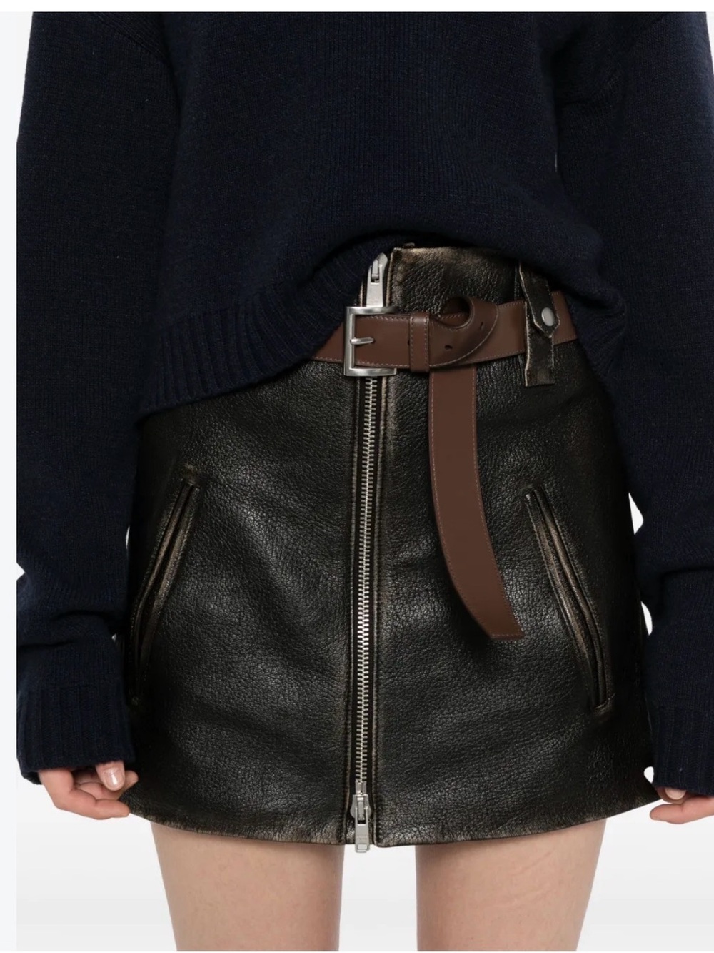 Genuine Leather Espresso Brown Moto Mini Skirt With Belt